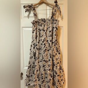 Aakaa Black Brown Cream Babydoll Floral Dress Midi